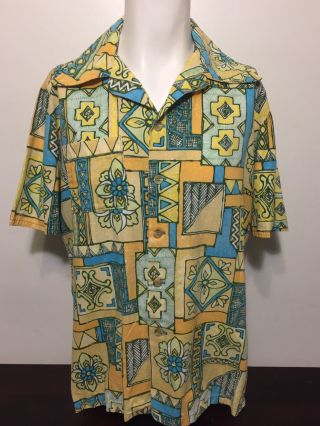 Vintage 1970s Psychedelic Reverse Print Pastel Barkcloth Tiki Hawaiian Shirt L