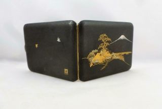 Signed Antique 24kt Gold & Silver Damascene Japanese Fuji Scene Cigarette Case