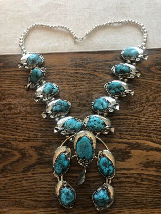 Vintage Navajo Sterling Silver & Turquoise Squash Blossom Necklace Unsigned 250g