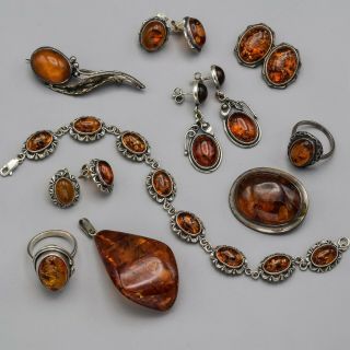 Vintage Sterling Silver Baltic Amber Earrings Ring Brooch Bracelet Pendant Set