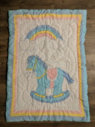 Vintage 1984 Baby Dreams Crib Baby Blanket Blue Rocking Horse Rainbow Hearts