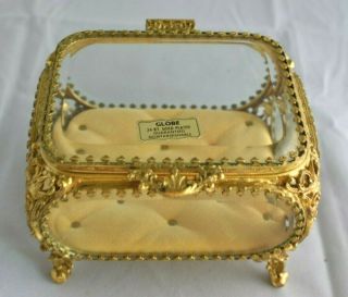 Vintage Gilt Filigree Globe 24kt Gold Plated Beveled Glass Jewelry Case Box Tag