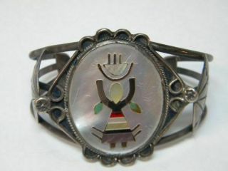Large Vintage Zuni Style Inlay Sterling Cuff Bracelet