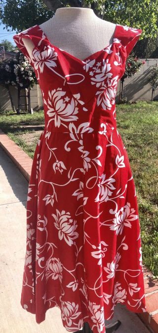 Vtg 60s Paradise Hawaii Backless Crisp Cotton Red Flowers Dress Unworn S - M Rare