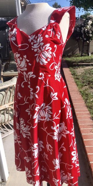 VTG 60s PARADISE HAWAII Backless Crisp Cotton Red Flowers Dress Unworn S - M Rare 2