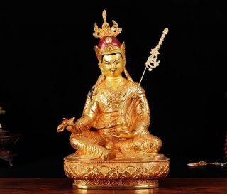 12 " Antique Tibetan Buddhism Copper Gilt Gold Hand Painting Padmasambhava Statue