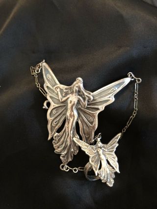 Rare Antique Art Nouveau Silverplate Lady Wings Hand Ring Bracelet Chain