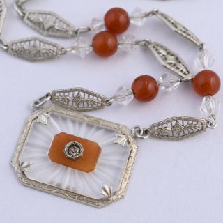 Vtg Art Deco Sterling Silver Filigree Camphor Carnelian Glass Pendant Necklace
