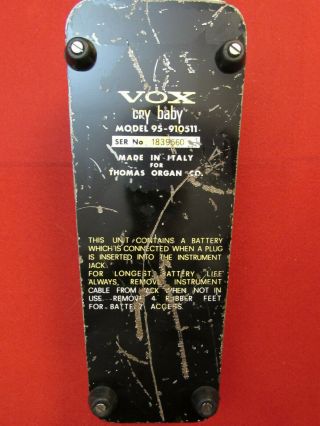 Vintage 70 ' s Vox Thomas Organ Italy Cry Baby Pedal Orig.  Great 10