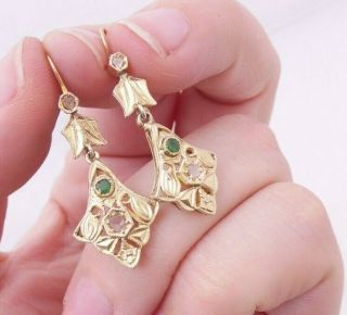 Silver Gilt Cut Diamond & Emerald Drop Earrings,  925