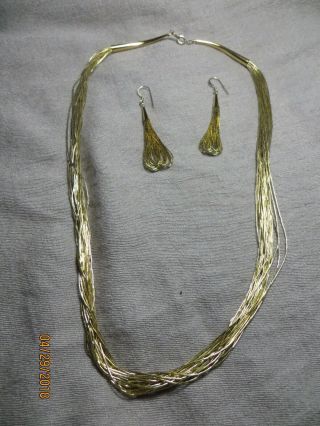 Vintage N.  American Liquid 925 Sterling Gold 20 Strands Necklace/earrings Set