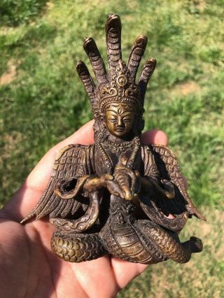 Vintage Naga Kanya Snake Women Jai God Statue Hindu Brass Figure Manasa Goddess