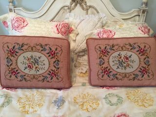 Vtg Large Needlepoint & Petit Point Throw Pillows - Dusty Rose - Floral