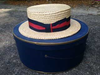 Vtg Brooks Brothers Straw Boater Skimmer Gatsby Hat Sz 7 1/8 - Made In Italy