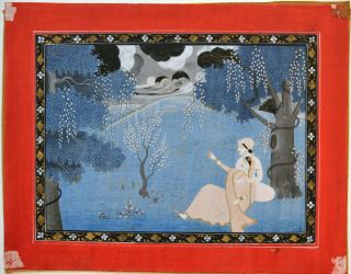 Old Indian Miniature Painting Of Lovers Watching A Storm