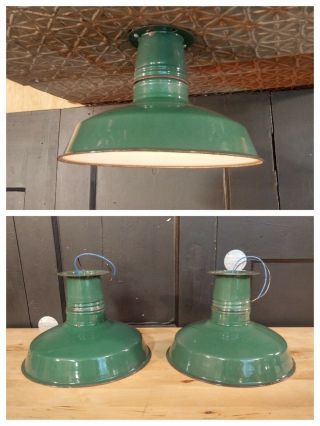 Vintage Green Porcelain Enamel Light Fixture Flush Mount 12 " Rewired Industrial