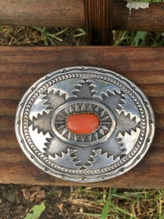 Vintage Old Pawn Navajo Belt Buckle With Coral Stone