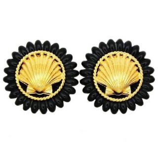 Authentic Vintage Chanel Earrings Black Round Gold Color Shell Ea879