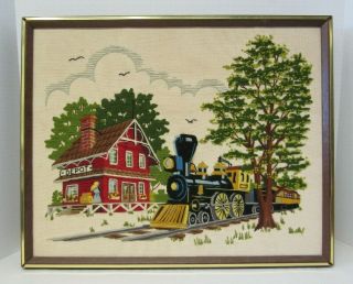Framed Completed Train Depot Crewel Embroidery Sunset Kit 2483 Country Vintage