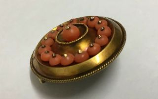 Antique Victorian Pinchbeck & Pink Coral Photo Locket Mourning Pin Brooch