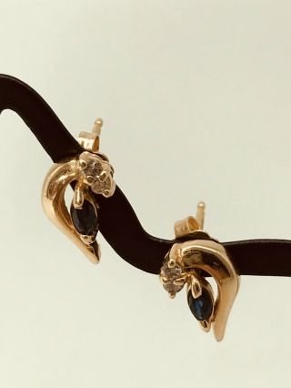 Vintage 14k Yellow Gold Blue Sapphire & Diamond Accent Stud Earrings