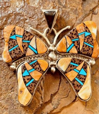 Vintage Authentic Native American Navajo Zuni Sterling Silver Butterfly Pendant.