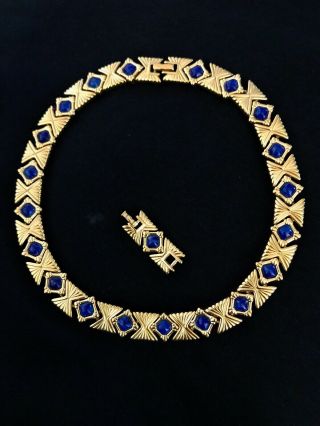 Vintage Nina Ricci Gold Tone Necklace Blue Venetian Glass Magnificant Marked.
