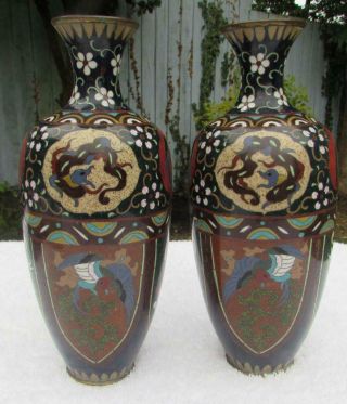 Fine Mirror Pair Antique Japanese 19thc Meiji Cloisonne Vases - Phoenix