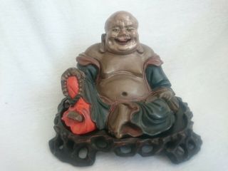 Antique Chinese Carved Lacquered Painted Wood Buddha Fuzhou Foochow And Stand