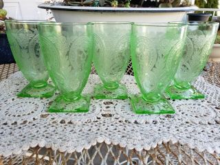 Vintage Indiana Glass Horseshoe Depression Vaseline Goblets Set Of 5