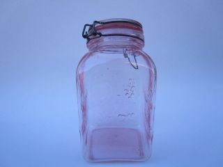 Vintage Pink Glass Farm ' s Products Slant Top Mason Canister Jar Italy 3