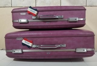 Vintage Purple American Tourister Hard Suitcase Set With Luggage Tags