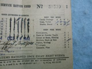 WWII US Army Exchange Service Ration Card 15th AAF Italy Named 1944 WW2 3