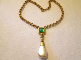 Signed Ben - Amun Book Chain Cabochon Faux Pearl Drop Pendant Necklace Vintage