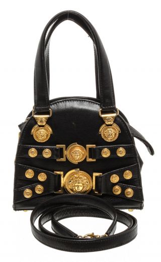 Versace Vintage Black Leather Medusa Satchel Shoulder Bag