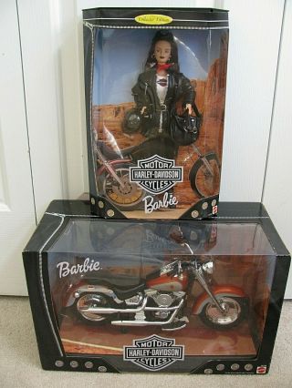 Vtg 1998 & 99 Barbie Official Harley Davidson Doll & Hd Fatboy Bike