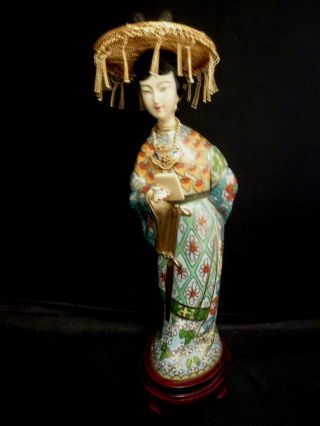 Vintage Cloisonne Female Geisha Figurine In Kimono,  9 1/2 Inches Tall