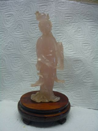 Vintage Chinese Carved Rose Quartz Guanyin Figure Figurine