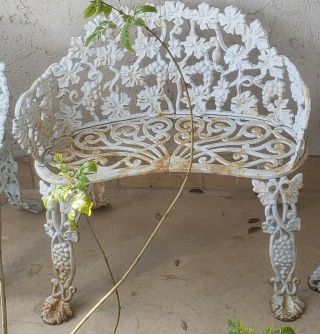 Fabulous Vintage White Cast Iron Grape Vine Leaf Patio Garden Bench Great Shape