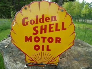 Vintage Golden Shell Motor Oil Porcelain Gas Pump Sign,  Great Colors