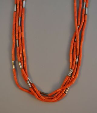 Vintage 4 Strand Navajo Mediterranean Coral Sterling Silver Necklace - 25 