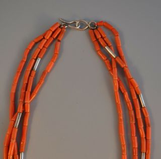 Vintage 4 Strand Navajo Mediterranean Coral Sterling Silver Necklace - 25 