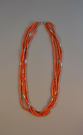Vintage 4 Strand Navajo Mediterranean Coral Sterling Silver Necklace - 25 
