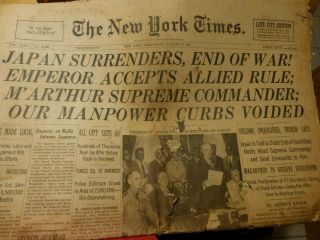 Japan Surrenders - End Of World War Ii - 1945 York Times Newspaper