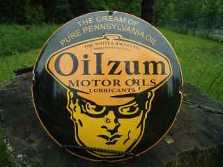 Heavy Vintage Oilzum Motor Oils Porcelain Enamel Dome Gas Pump Sign Motor Oil