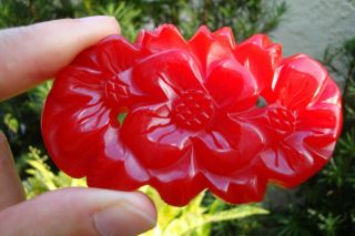 Gorgeous Bakelite Brooch Cherry Red Color; Open Work Flower Carvings