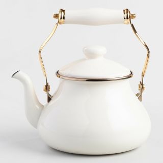 Porcelain Enamel Tea Kettle,  White/ivory Classic Vintage W/swing Handle,  2.  3 L