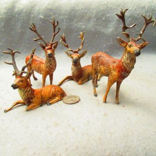 4 Vintage Lead Metal Hand Painted German Putz Stag Deer Figurines