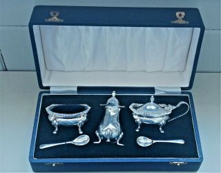 Boxed Sterling Silver Pepperette & Spoons With Silver Plate Salt & Mustard Pot