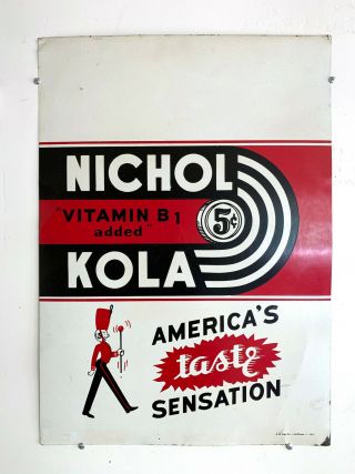 Vintage Nichol Kola Metal Sign Advertising Embossed Cola Red Black Nickel 28x20